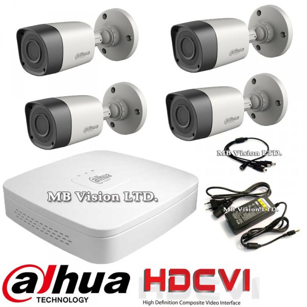 Готови комплекти за видеонаблюдение - Готова HDCVI система за видеонаблюдение с 4 HD камери Dahua, ДВР рекордер, захранващ адаптер